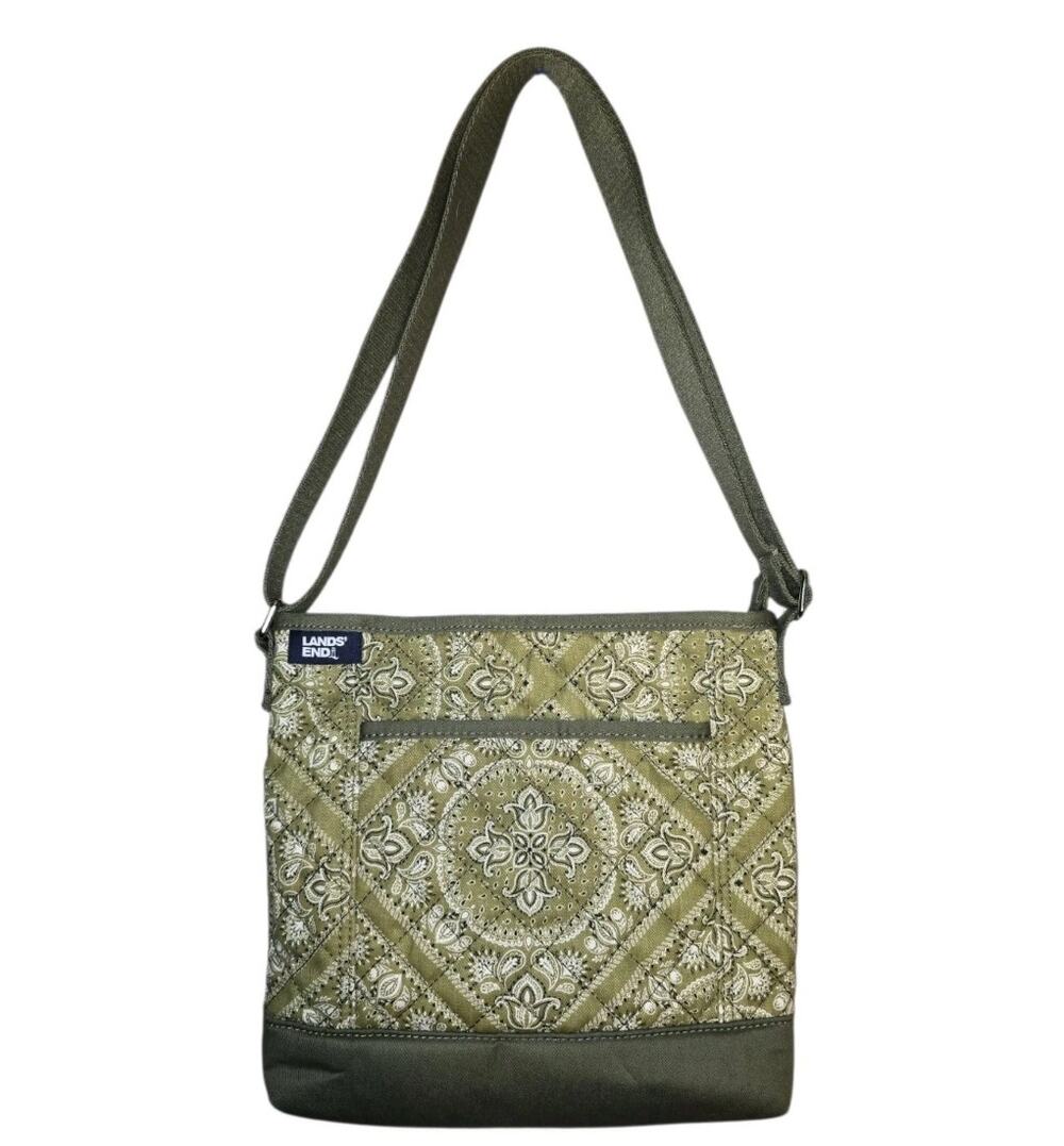 Lands End Crossbody Olive Green Paisley Bandana Print Bag Quilted Boho Purse